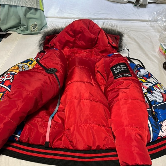 Soda Puffer Jacket Red and Blue with Comic Print - Picture 15 of 16